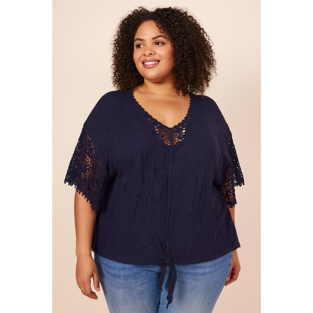 Lane Bryant Navy Blue Eyelet Detail Embroidered Blouse Sz 22/24 Front Tie
